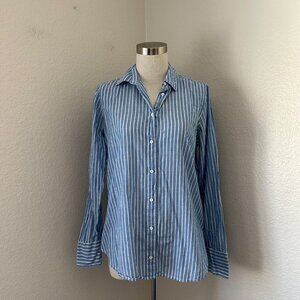 J. Crew Boy Fit Button Up Shirt Cotton Blend Stripe Lightweight Blue White Sz 4